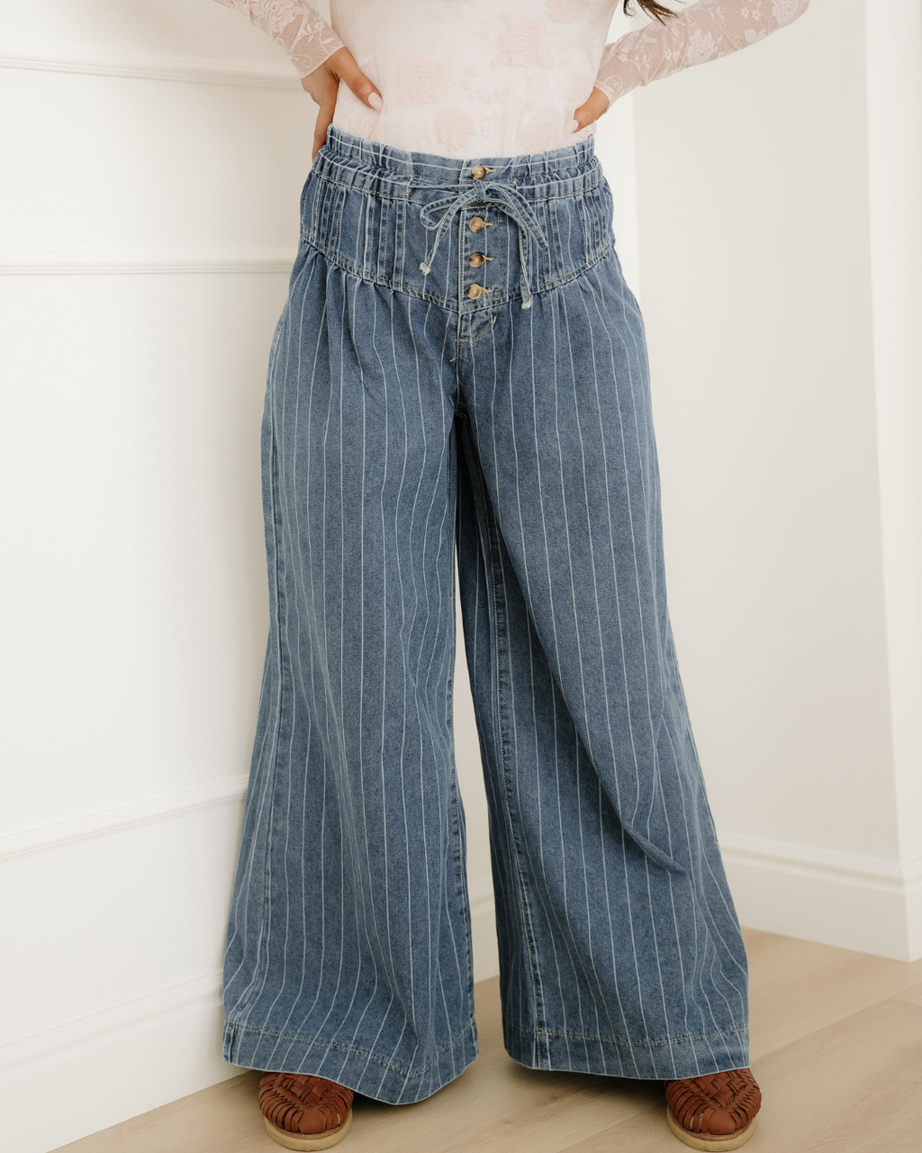 Cora Blue Stripe Button Pleated Drawstring Waist Casual Wide Leg Jeans