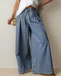 Cora Blue Stripe Button Pleated Drawstring Waist Casual Wide Leg Jeans